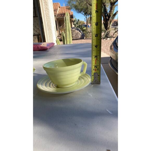 Hazel Atlas mid century Modern stone 4 cups/sausers a Sugar Bowl and Creamer - Picture 3 of 12